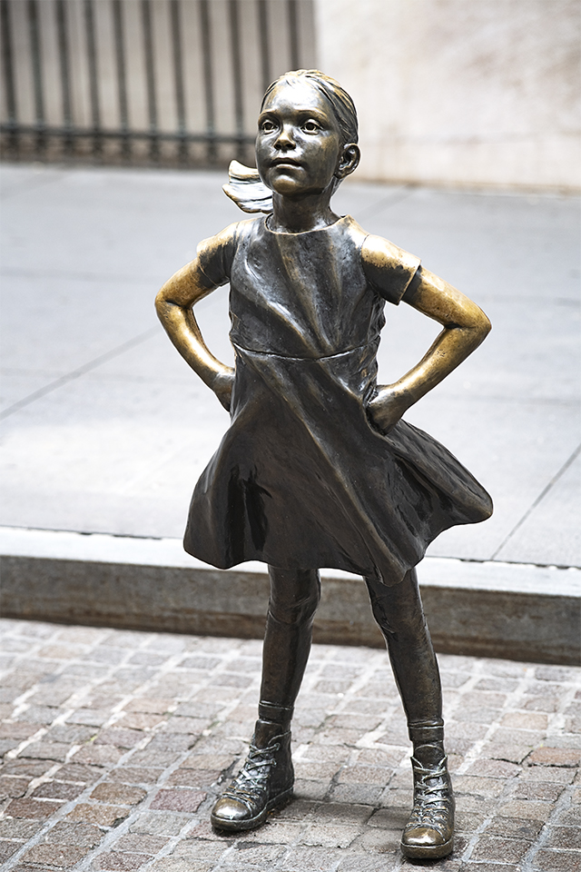 Bronze statue of Fearless Girl, Broad Street directly across from the New York Stock Exchange